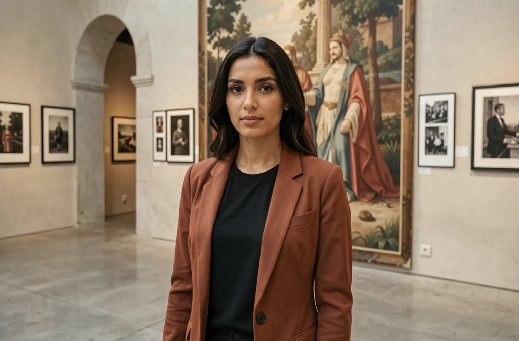 Femme posant devant une murale italienne dans un espace culturel, blazer rouille et regard expressif symbolisant la fierté des origines