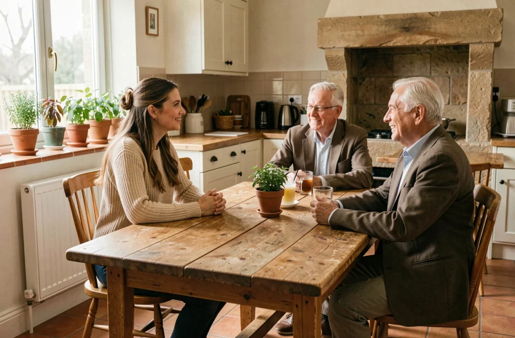 Femme célèbre partageant un repas avec ses parents dans une cuisine familiale chaleureuse, atmosphère intime et détendue