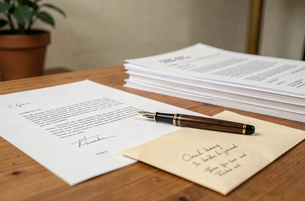 Gros plan d'une lettre formelle manuscrite posée sur un bureau avec des pièces jointes juridiques et une enveloppe prête à être envoyée au juge