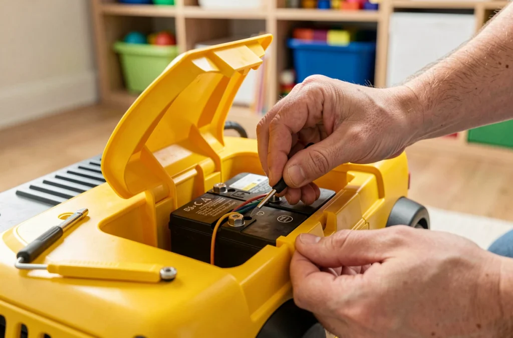 Gros plan sur le compartiment batterie d'une Jeep électrique jaune pour enfant lors d'une opération de maintenance