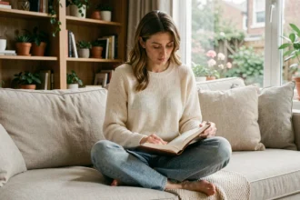 Maman sereine écrivant dans un journal intime dans son salon cosy, moment de bien-être personnel et de réflexion