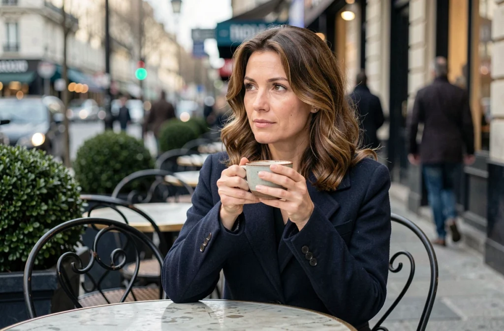 Femme épanouie savourant un café en terrasse parisienne, moment de pause personnelle et de sérénité pour une maman active