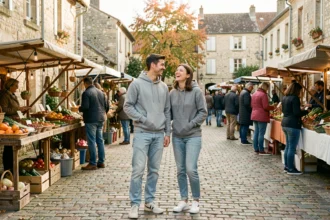 Couple explorant un marché de plein air en Seine-et-Marne le week-end pour une activité pas chère en 77