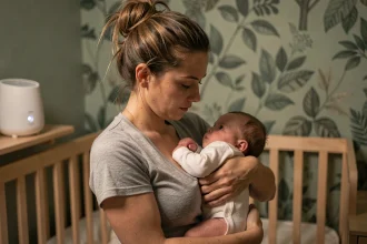 Mère fatiguée berçant son nourrisson la nuit dans une chambre de bébé apaisante, illustrant les troubles du sommeil du nourrisson et les conseils parentaux