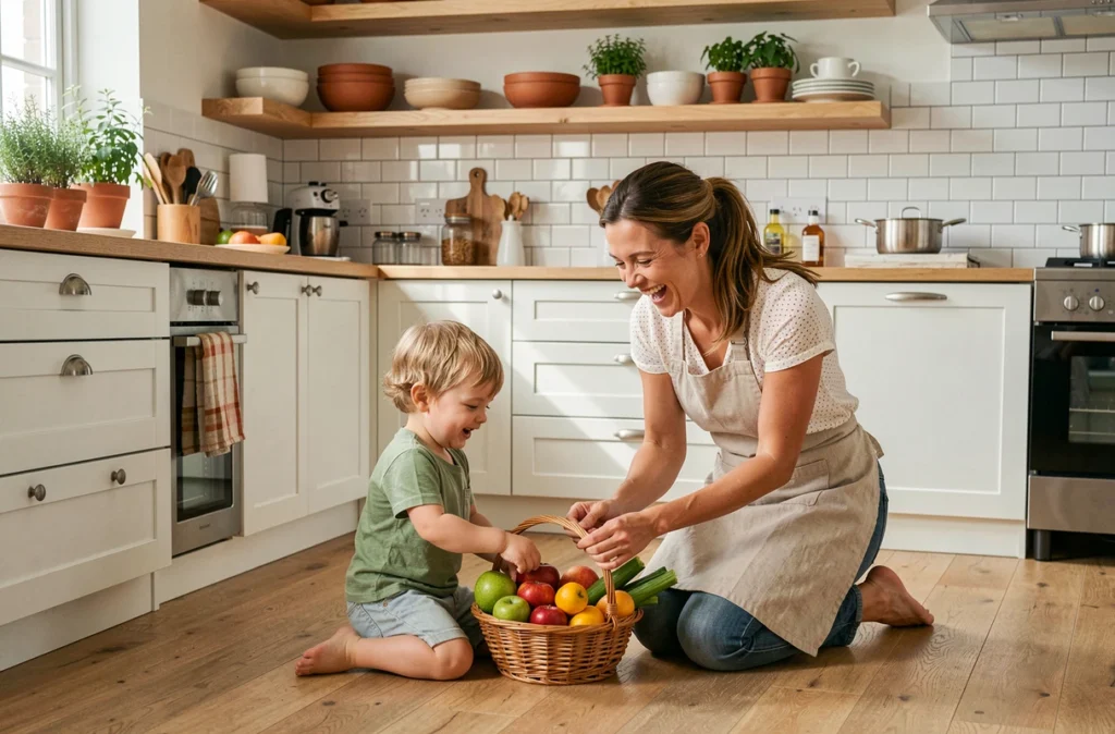 Mère et enfant en bas âge jouant avec des fruits dans une cuisine familiale authentique, équilibre entre parentalité et quotidien