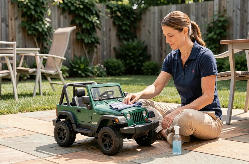 Une mère nettoie les carrosseries en plastique d'une Jeep électrique verte pour enfant dans un jardin ensoleillé