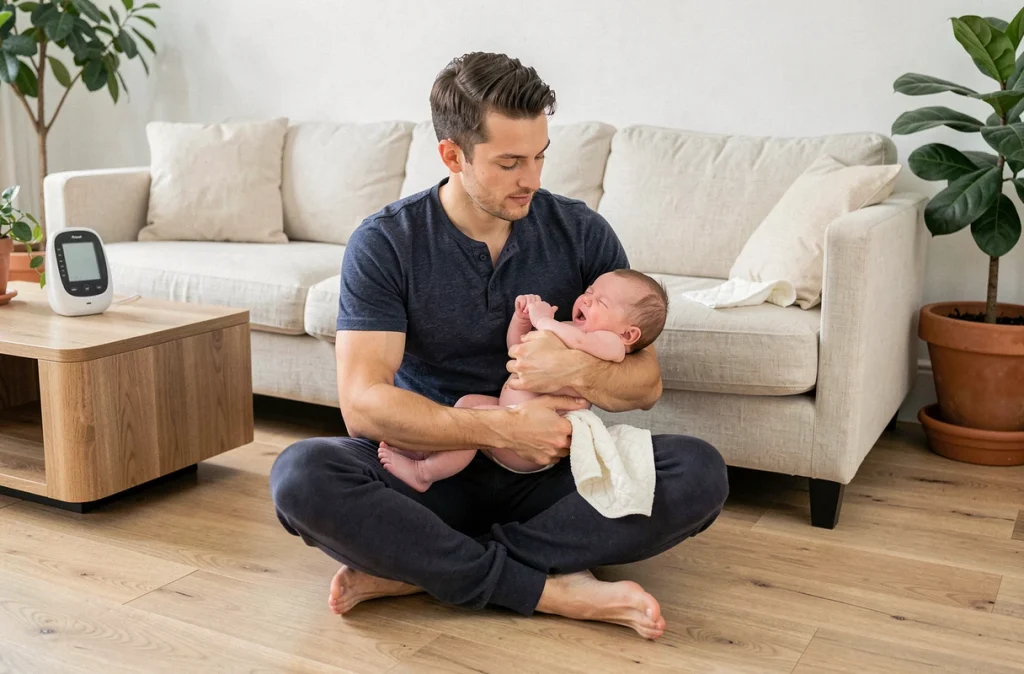 Père tenant son bébé en position anti-coliques sur le sol du salon, illustrant les conseils pour soulager les coliques du nourrisson
