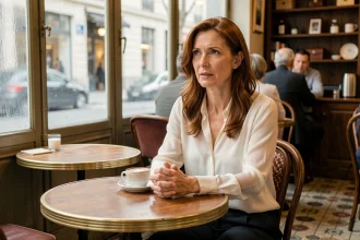 Portrait d'une femme élégante dans un café parisien, évoquant une conversation intime sur la vie de couple