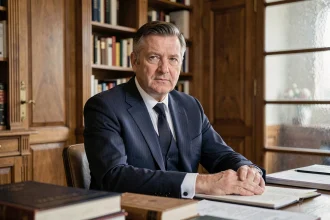 Portrait d'un homme élégant et mystérieux assis dans un bureau parisien classique, illustrant le profil discret de Bernard Mabille