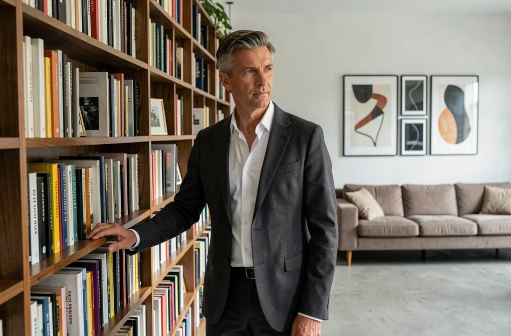 Portrait d'un homme distingué dans un appartement parisien moderne, illustrant l'univers d'un mari public révélé