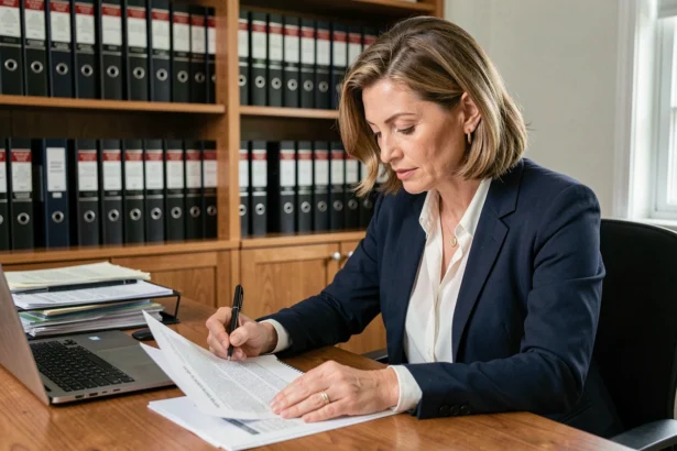Femme professionnelle révisant des documents juridiques à son bureau pour préparer une lettre destinée à un juge