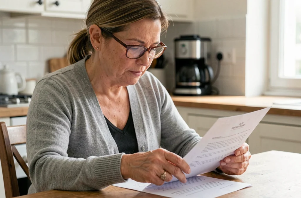 Femme relisant attentivement une lettre de rupture de contrat d'assistante maternelle avant envoi