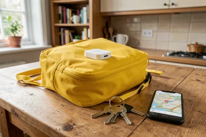 Traceur GPS enfant sans abonnement posé sur un sac à dos jaune à côté d'un smartphone affichant une carte