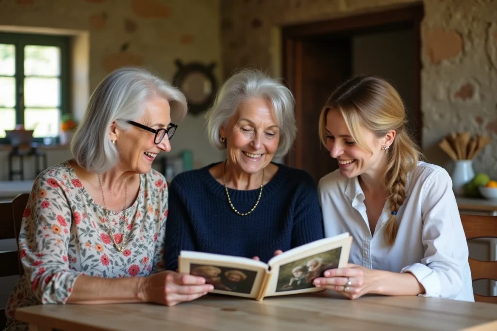 Trois générations de femmes partageant un album photo de famille illustrant l'évolution du prénom Lisa à travers les époques