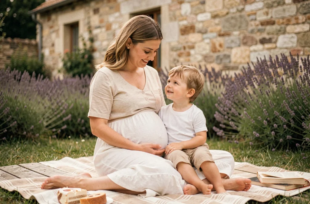 Agnès Colombo photographe maternité et famille – mère enceinte avec enfant dans jardin
