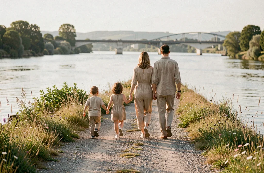 Famille se promenant au bord de la Loire près d'Ancenis lors d'une séance photo lifestyle
