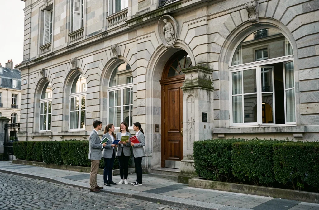Façade classique en pierre de l'école Assomption Sainte-Clotilde à Bordeaux avec des élèves en uniforme gris tenant des manuels bilingues