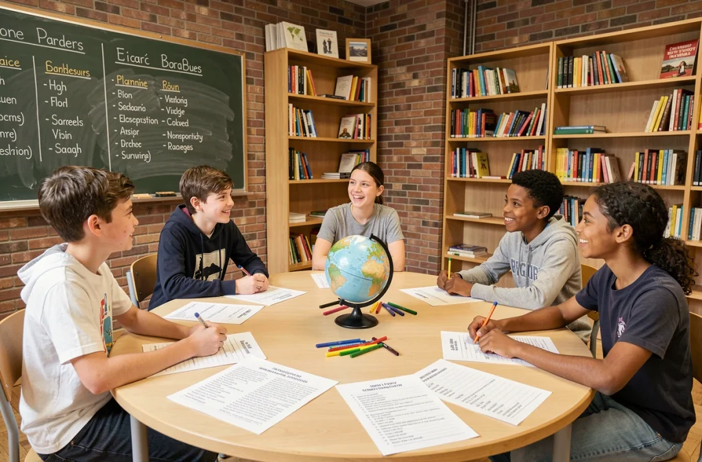 Salle de classe multiculturelle de la Bordeaux International School avec des élèves travaillant en groupe sur des documents bilingues
