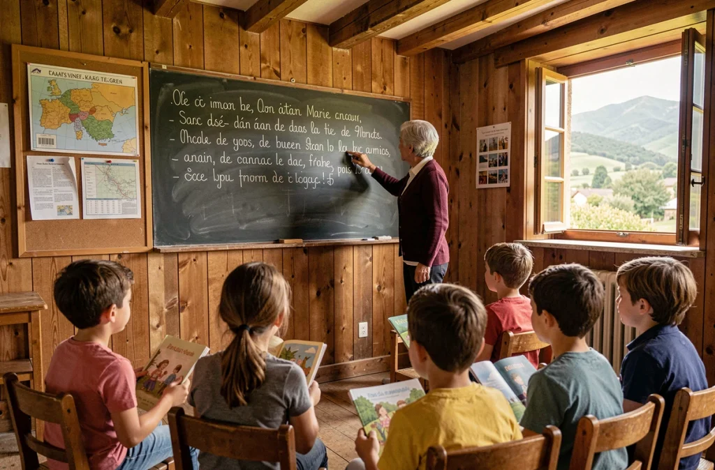 Enseignante et élèves dans une salle de classe bilingue occitan-français de la Calandreta de la Dauna à Pau avec le tableau et des livres en occitan
