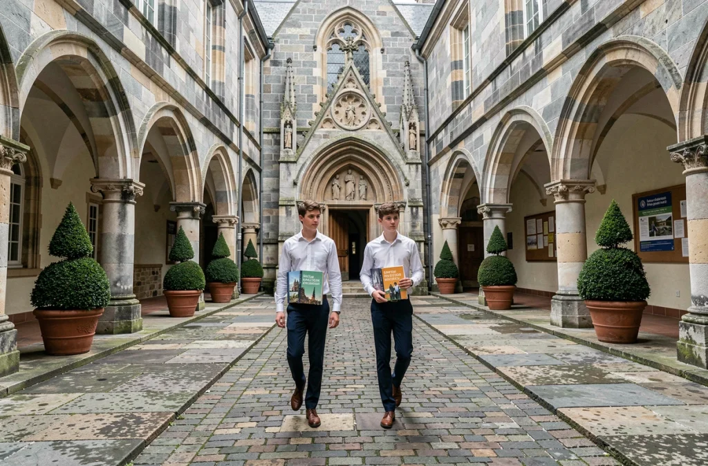 Cour en pierre du Collège Cheverus à Bordeaux avec deux élèves traversant le cloître historique tenant des manuels bilingues