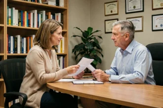 Une mère discute du suivi de son enfant avec un psychologue spécialisé dans un bureau de consultation
