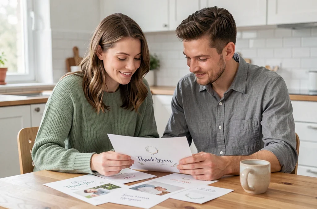 Couple de jeunes parents comparant des faire-part de naissance et des cartes de remerciement assortis sur une table en bois