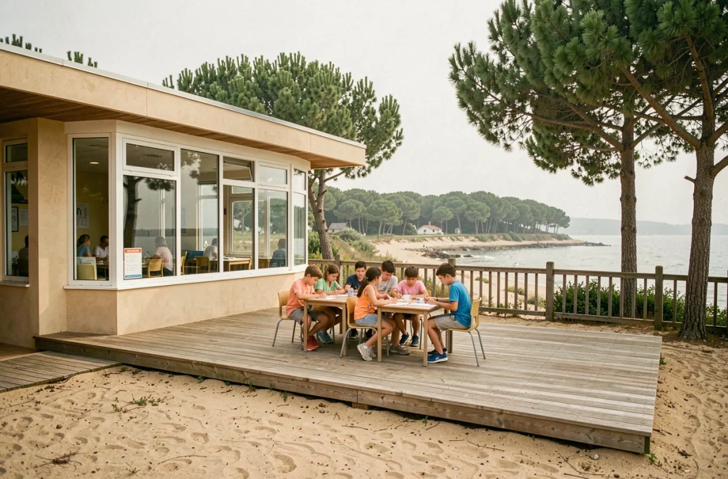 Élèves travaillant en plein air sur la terrasse en bois de l'École internationale du bassin d'Arcachon avec la pinède et l'estuaire en arrière-plan
