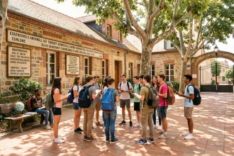Élèves d'une école bilingue en Nouvelle-Aquitaine réunis dans une cour ensoleillée avec des panneaux en français et en anglais