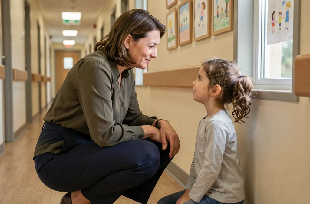 Une éducatrice accompagne une jeune enfant dans le couloir d'un centre d'accueil spécialisé