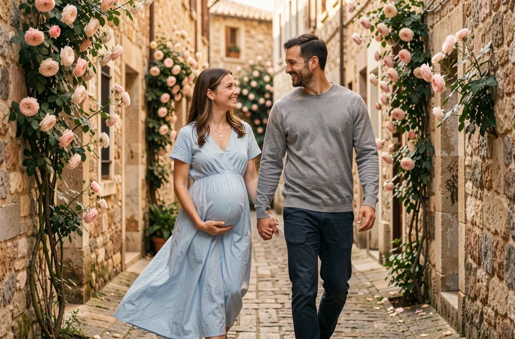 Emeline et Clément photographes maternité – couple enceint dans village de la région