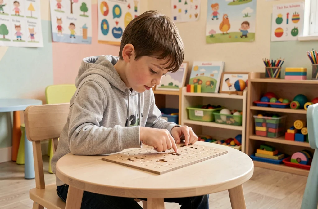 Un enfant en difficulté travaille sur une activité thérapeutique dans un centre spécialisé