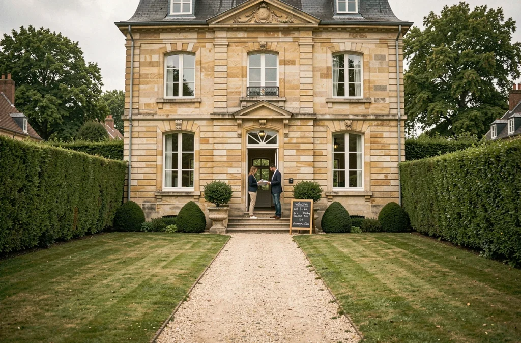 Villa en pierre reconvertie en école bilingue Ermitage International School à Bordeaux-Caudéran avec deux enseignants à l'entrée