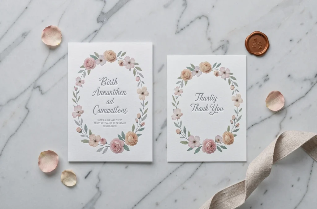 Flat lay d'un faire-part de naissance et d'une carte de remerciement harmonisés sur marbre, avec décoration florale et ruban lin