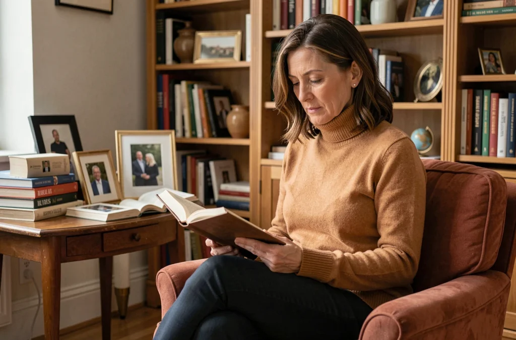 Femme intellectuelle en pull camel lisant dans un salon intimiste entouré de livres et de photographies personnelles, moment de recueillement