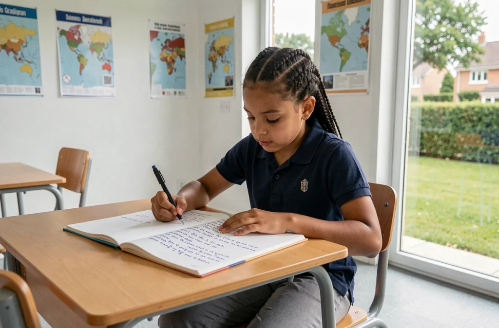 Jeune élève concentrée sur ses notes bilingues dans une salle de classe moderne de l'International School 33 à Gradignan