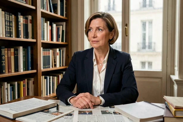 Journaliste femme en blazer marine assise à un bureau parisien avec des journaux et carnets, regard pensif et professionnel