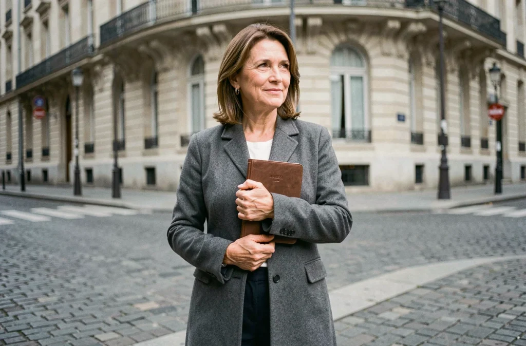 Femme journaliste tenant un carnet en cuir dans une rue pavée parisienne devant un immeuble haussmannien, expression introspective