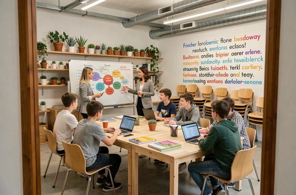 Espace pédagogique bilingue moderne de La Fabrique Bilingue à Bordeaux avec deux enseignantes et des élèves autour de tables modulables