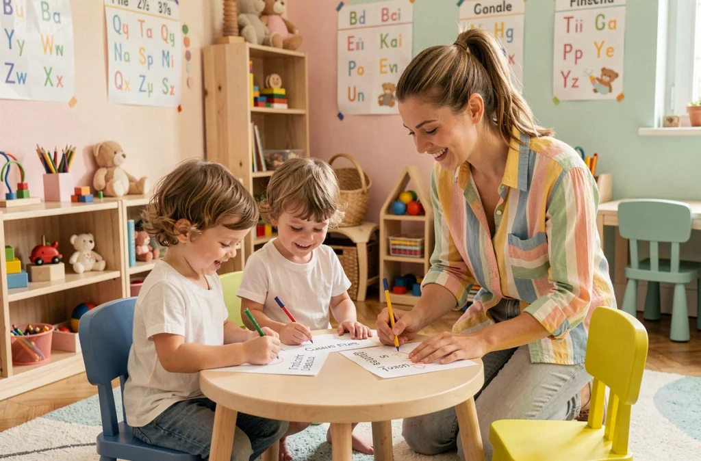 Enseignante et jeunes enfants dans une salle de classe colorée et bilingue de La Petite École Bilingue à Bordeaux