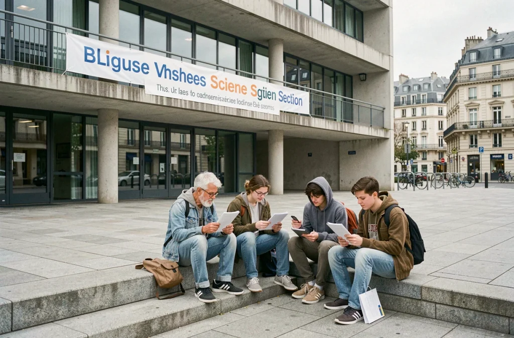 Lycée François Magendie à Bordeaux avec sa section bilingue internationale et des élèves déjeunant sur les marches devant la façade