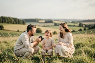 Séance photo de famille en plein air dans la campagne des Pays de la Loire avec un photographe professionnel