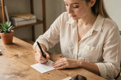 Jeune femme rédigeant un faire-part de naissance gratuit à son bureau en bois, entourée d'enveloppes et de cartes harmonisées