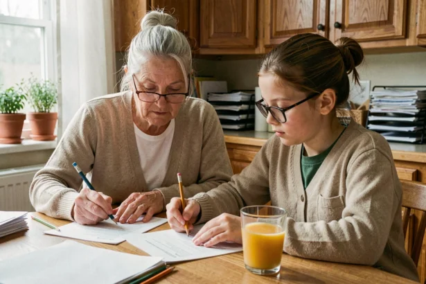 Grand-mère aidant son petit-enfant avec des documents administratifs scolaires à la table de cuisine